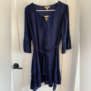 WAYAN Navy 3/4 Sleeve Dress with Tassels